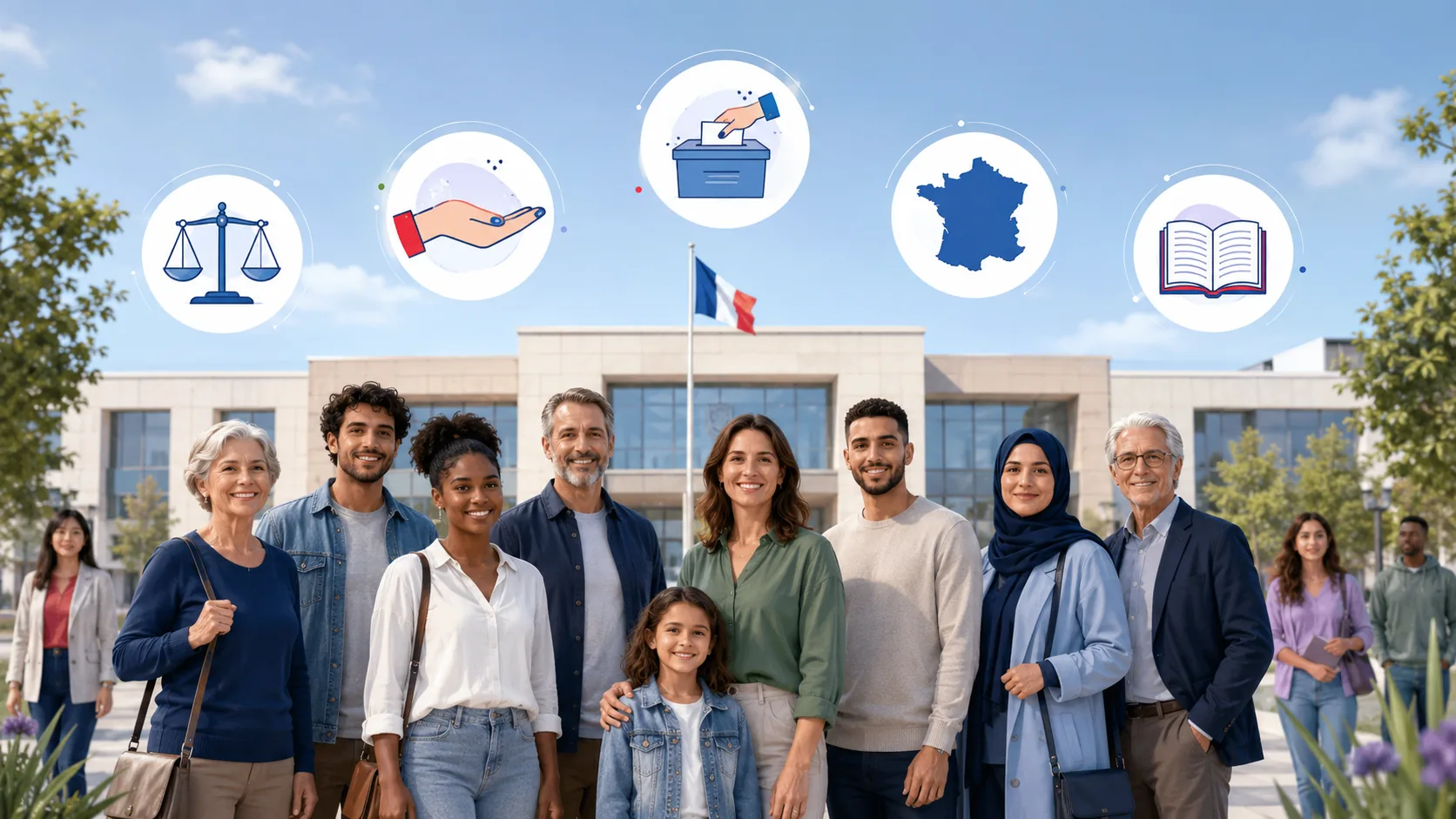 Citoyens divers devant une mairie avec des symboles républicains.