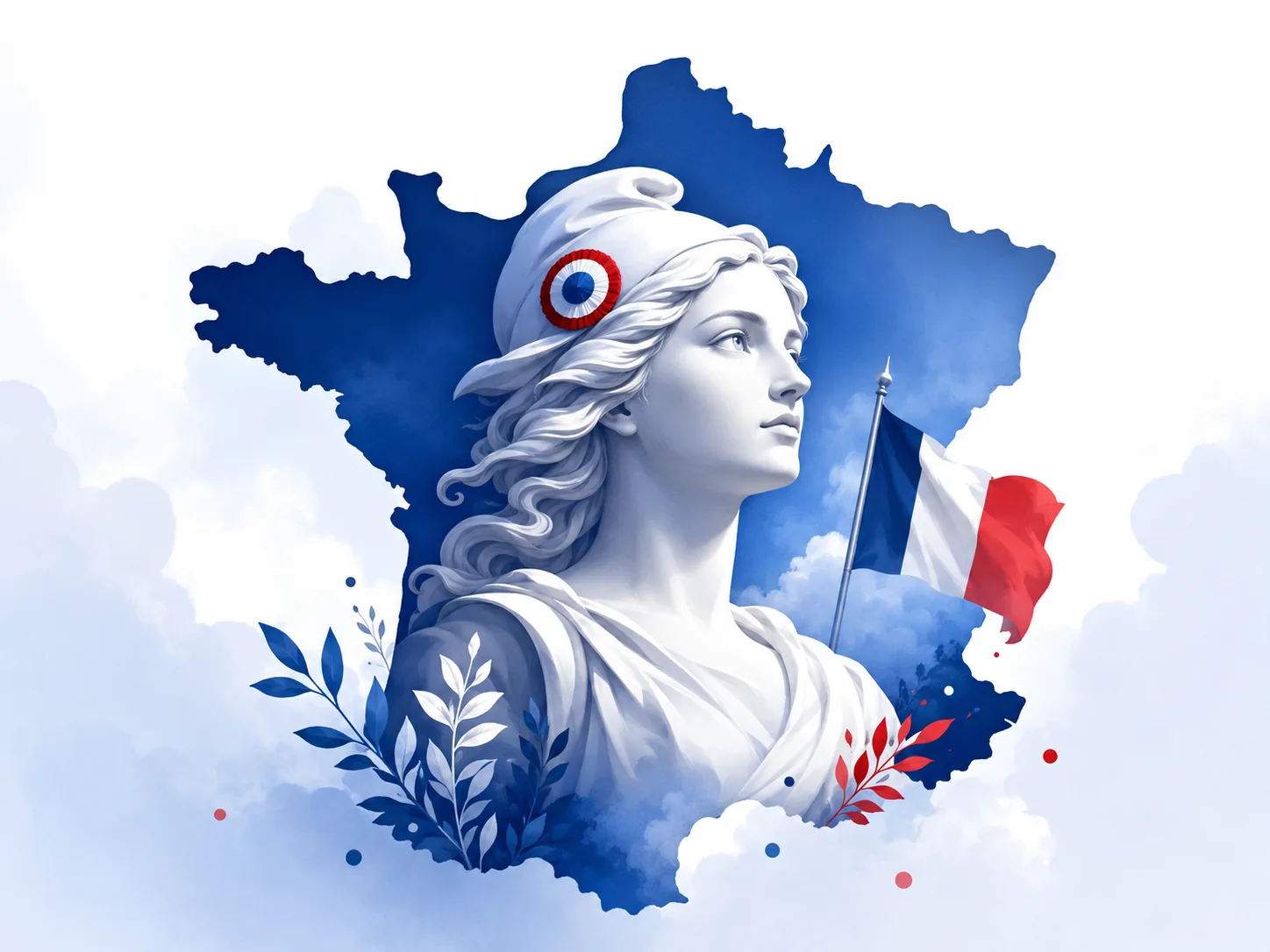Marianne, carte de France et drapeau français.