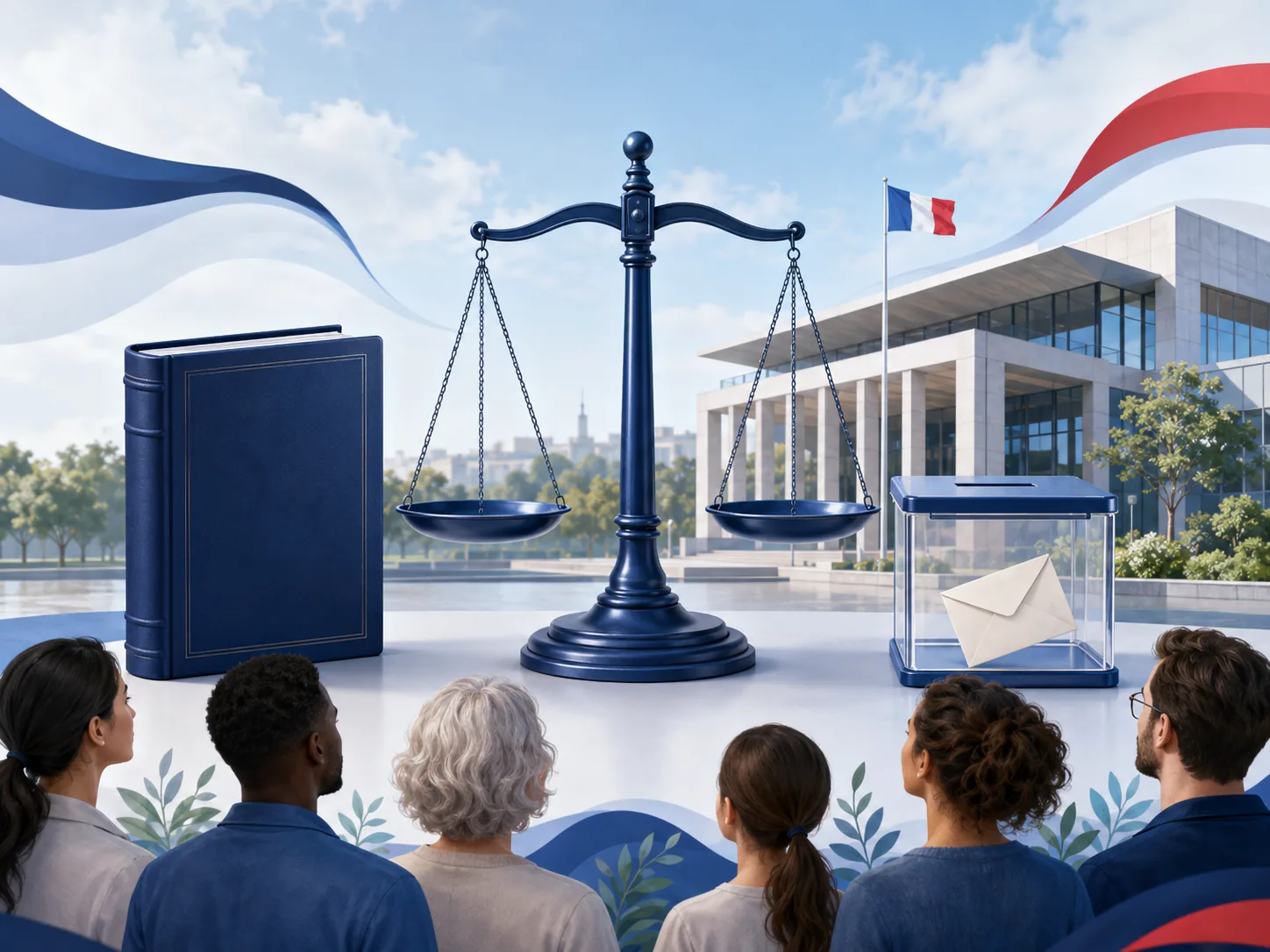 Balance de justice, livre de loi et urne de vote.