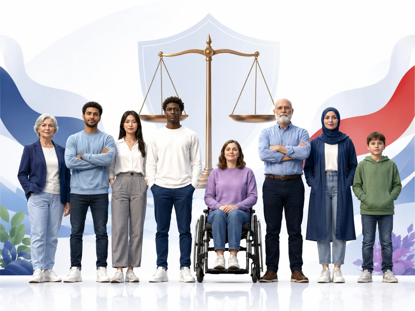 Groupe de citoyens divers devant une balance de justice.