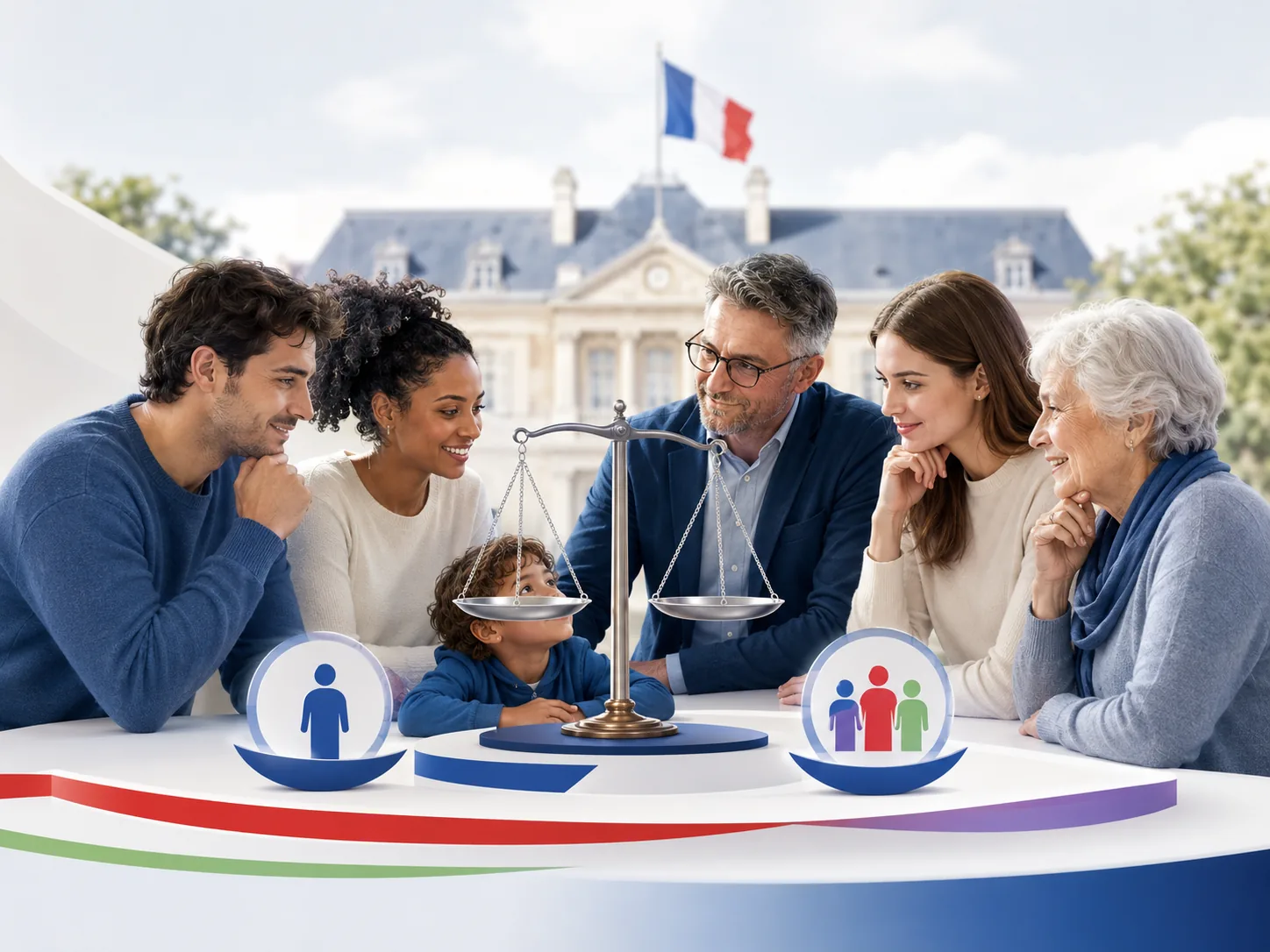 Citoyens autour d’une balance représentant la protection de la loi.