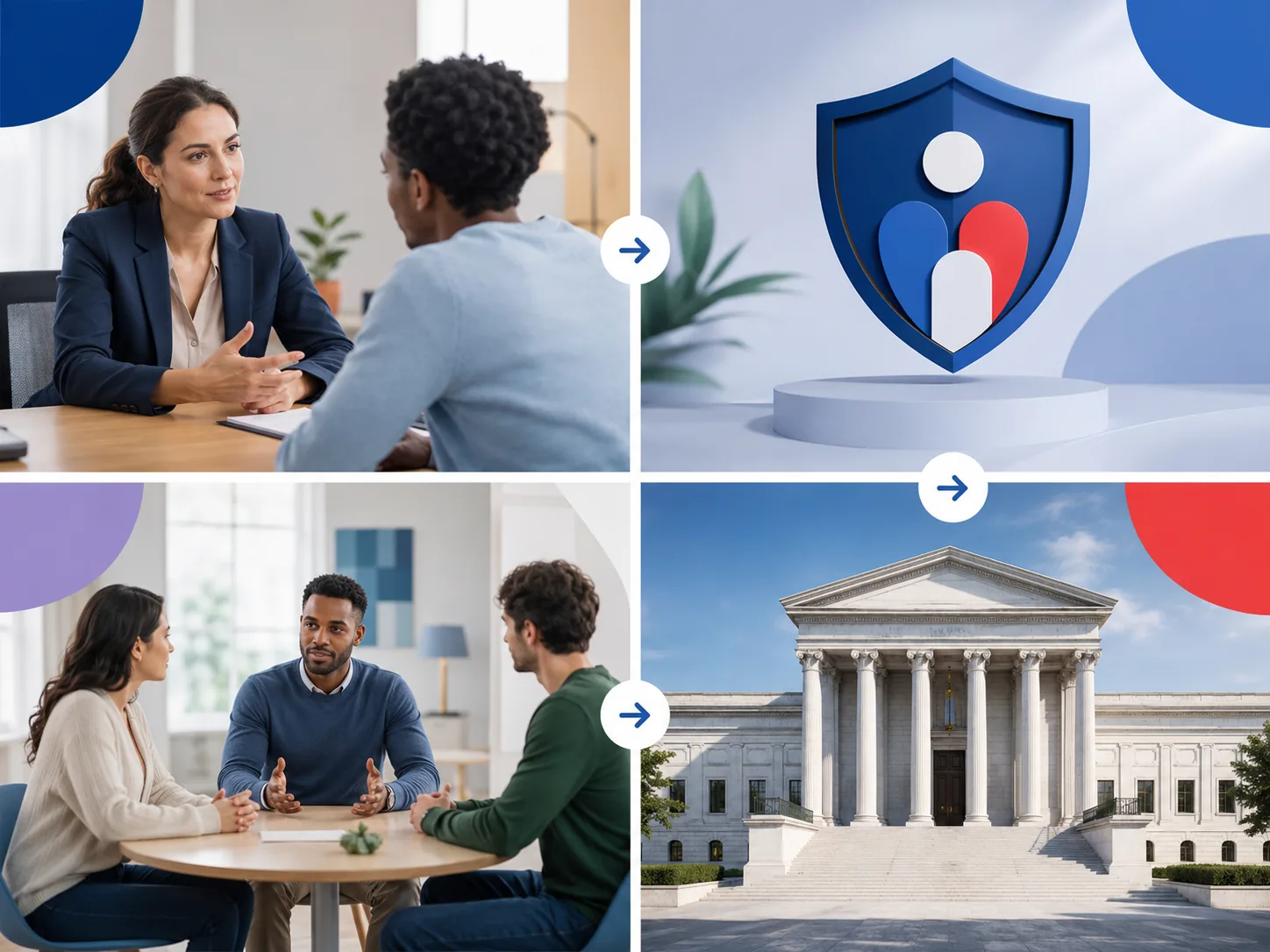 Professionnels aidant une personne avec des symboles de droit.