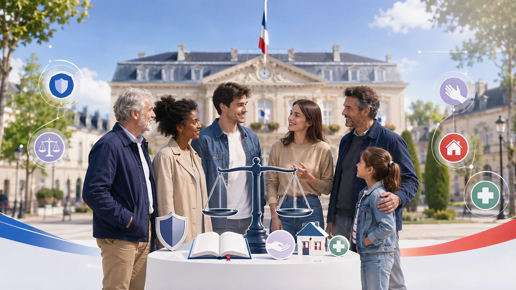 Citoyens devant un bâtiment public avec des symboles de droits fondamentaux.