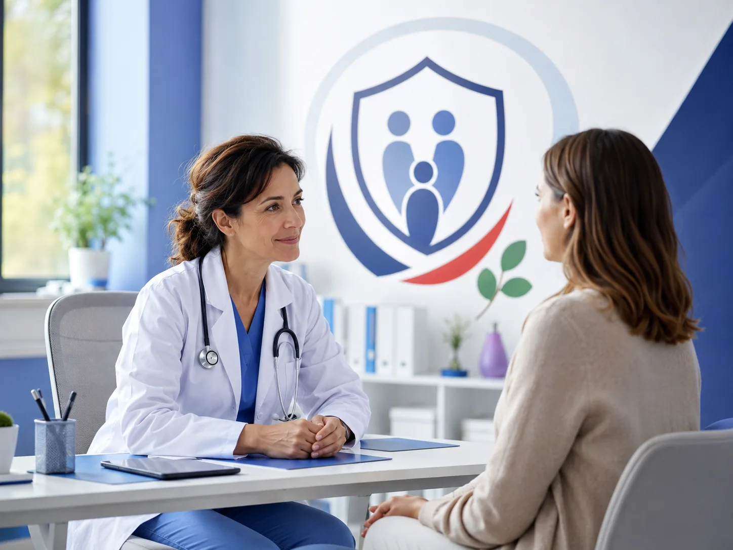 Consultation médicale entre une soignante et une patiente.