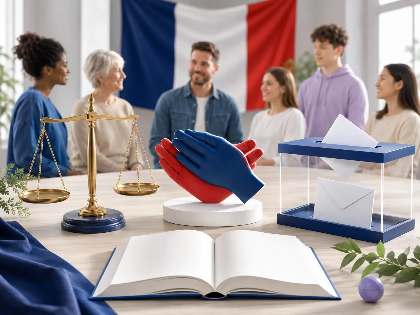 Symboles de justice, de vote et de respect des règles communes.
