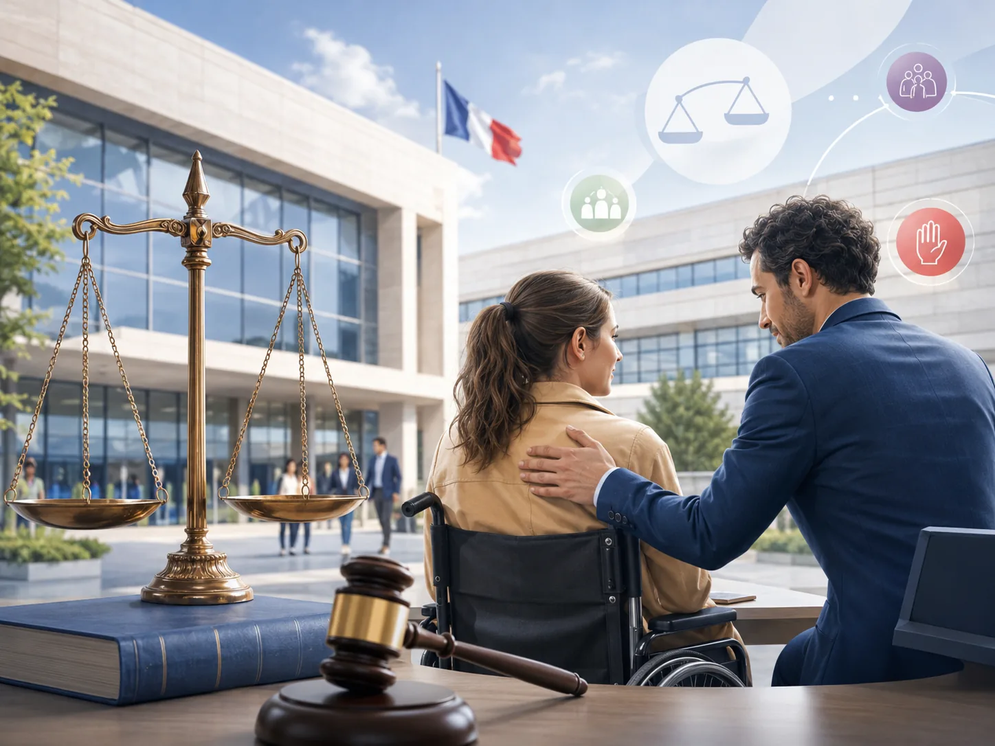 Bâtiment de justice avec une personne accompagnée.