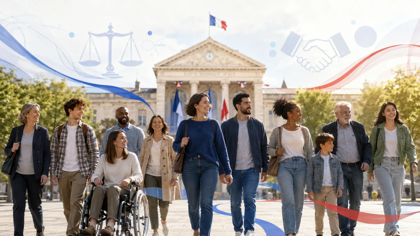Citoyens marchant près d’institutions républicaines.