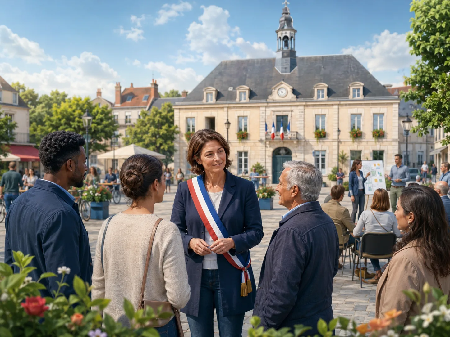 Maire échangeant avec des habitants devant une mairie.