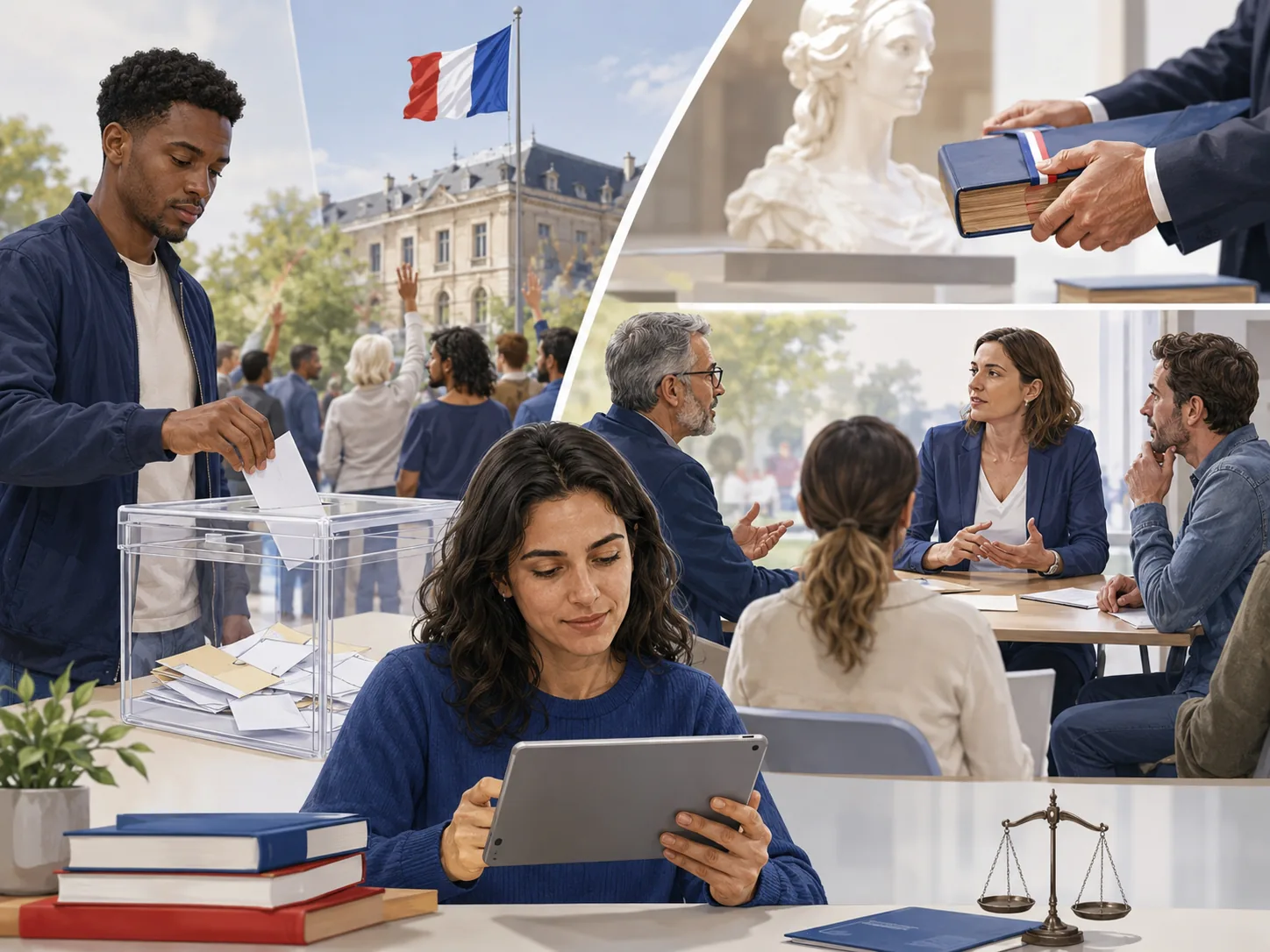 Citoyens votant et consultant des documents électoraux.
