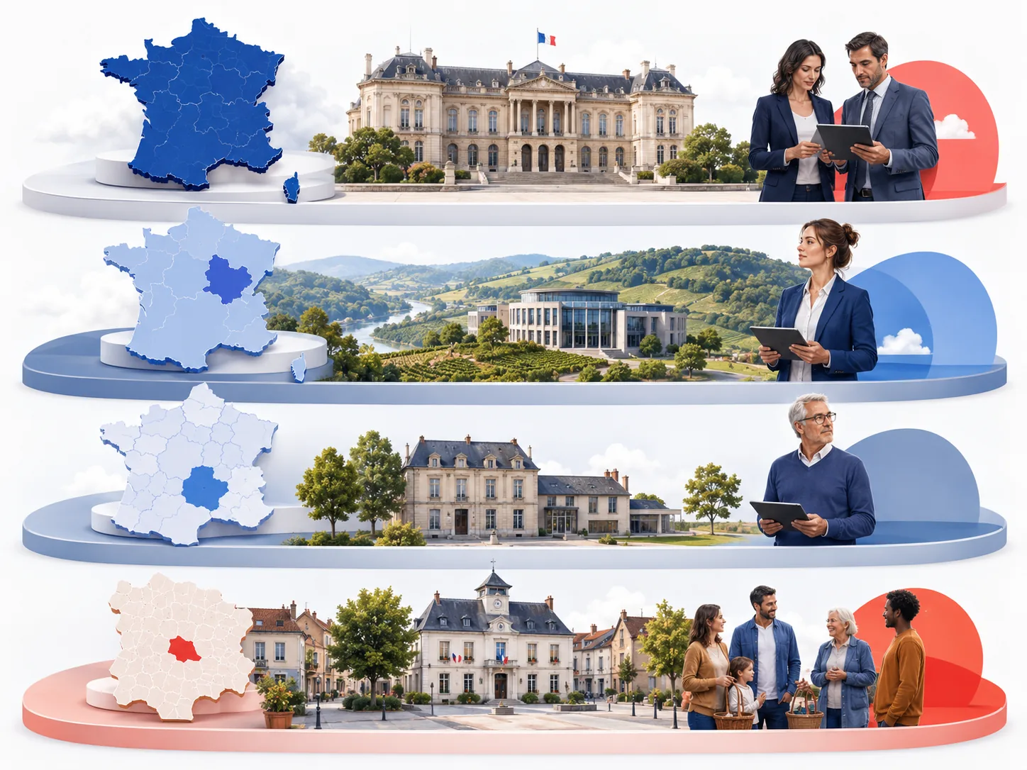 Schéma visuel des niveaux d’institutions en France.