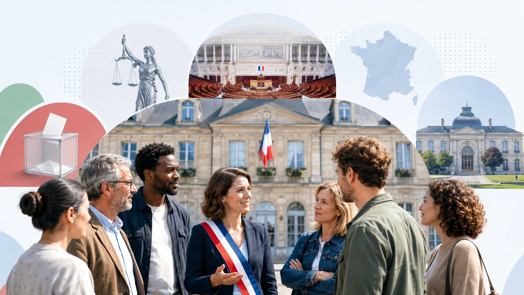 Élus et habitants devant des bâtiments institutionnels.