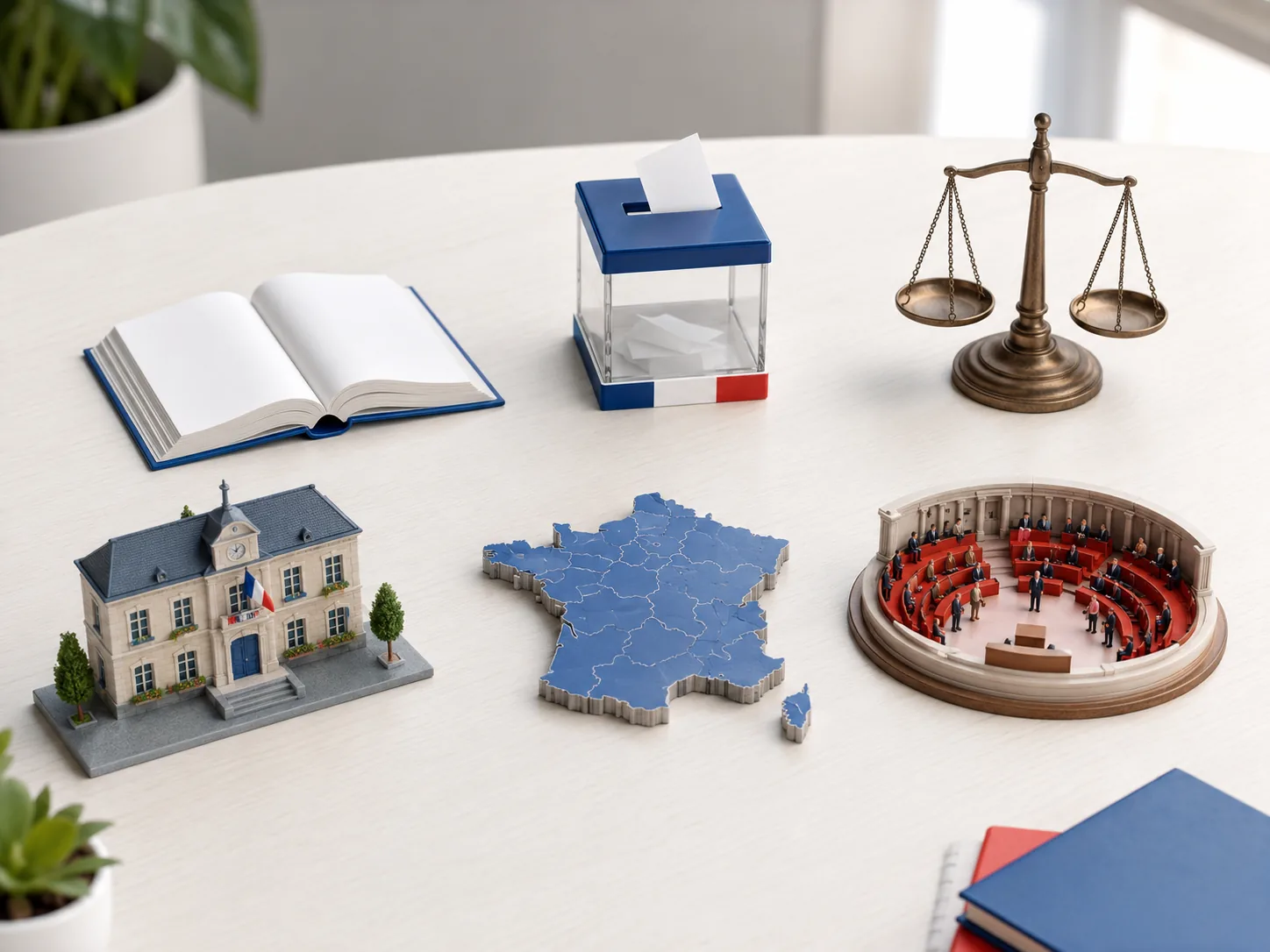 Livre, urne, balance de justice et carte de France représentant les pouvoirs publics.