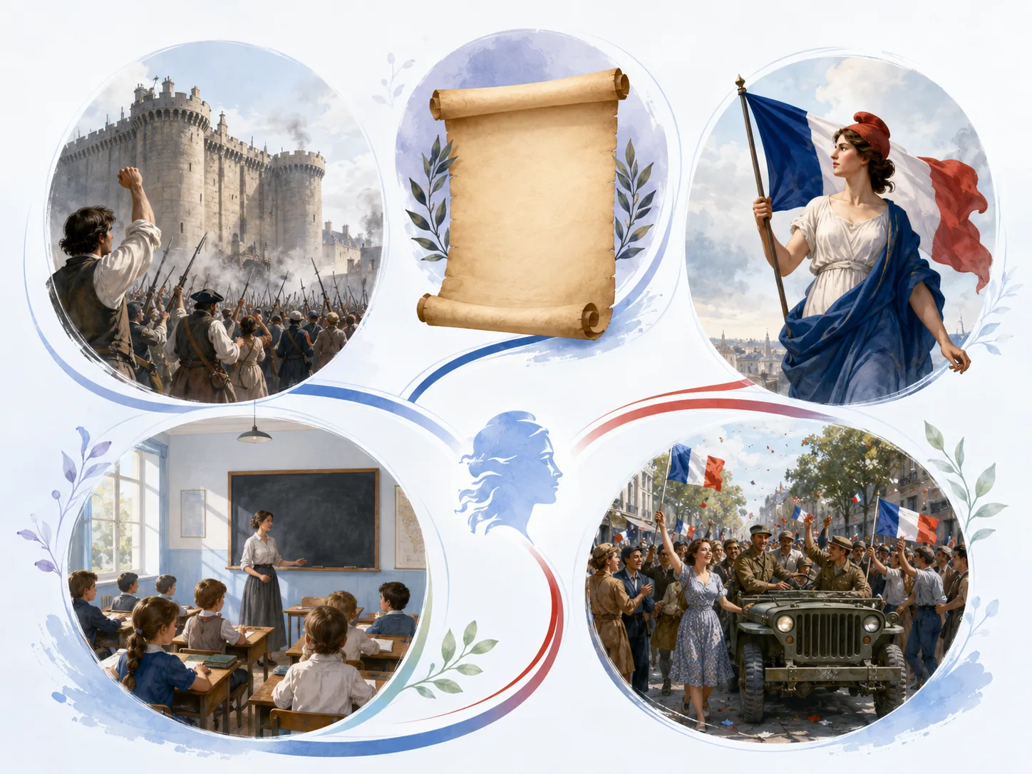 Scènes symboliques des grandes dates de la République française.