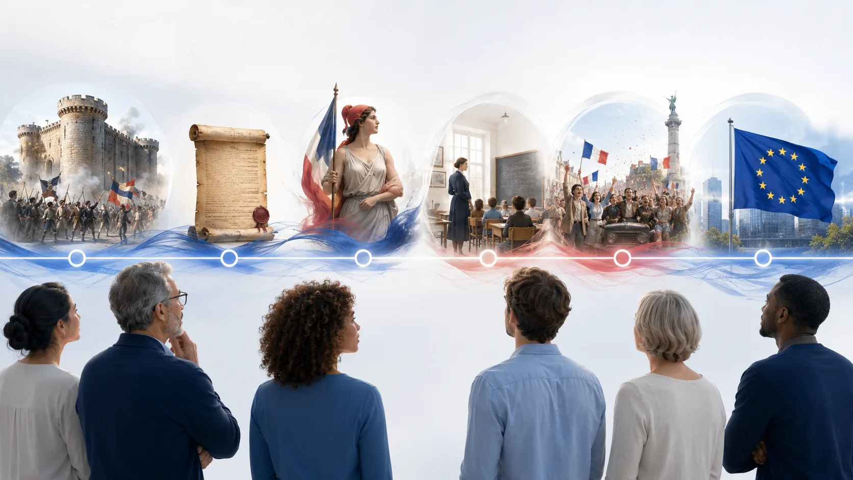 Apprenants observant une frise de l’histoire républicaine française.