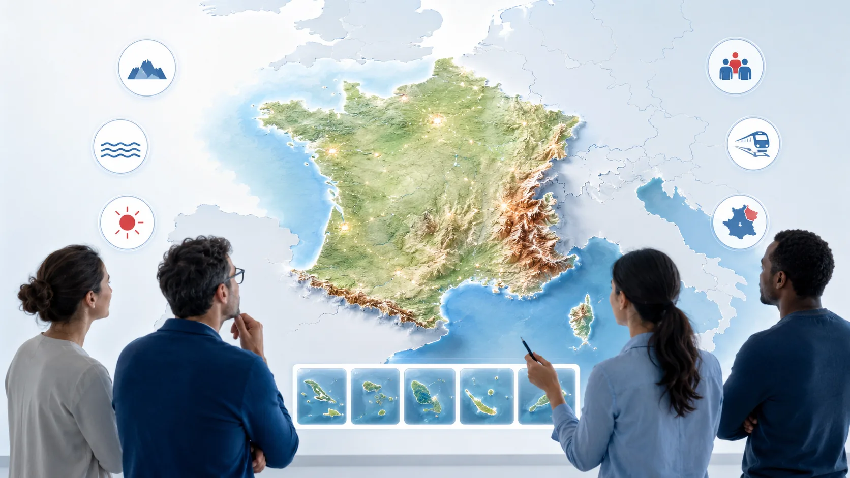 Apprenants observant une carte lumineuse de la France avec reliefs, littoraux et territoires.