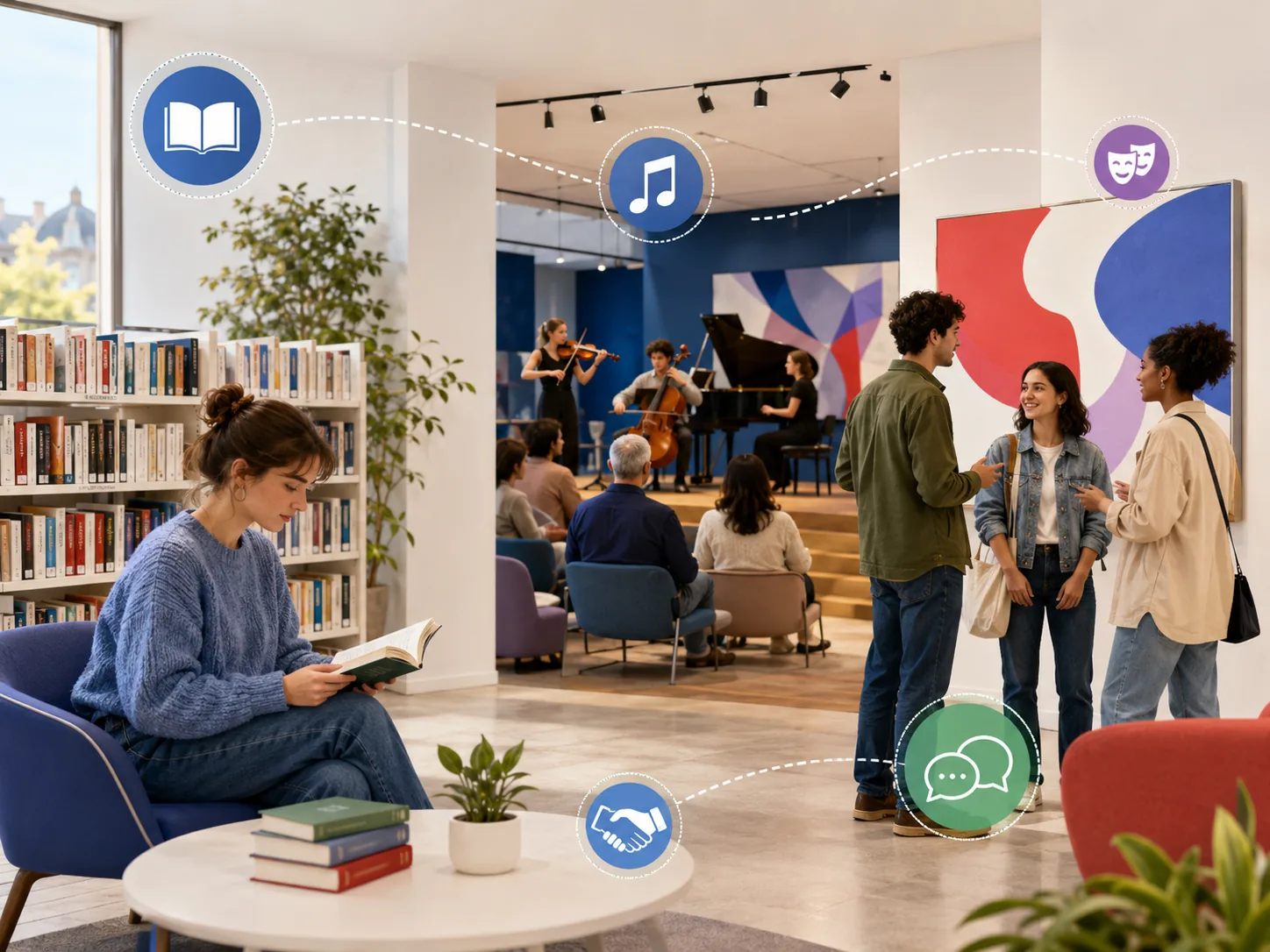 Personnes lisant, écoutant de la musique et participant à une activité culturelle.
