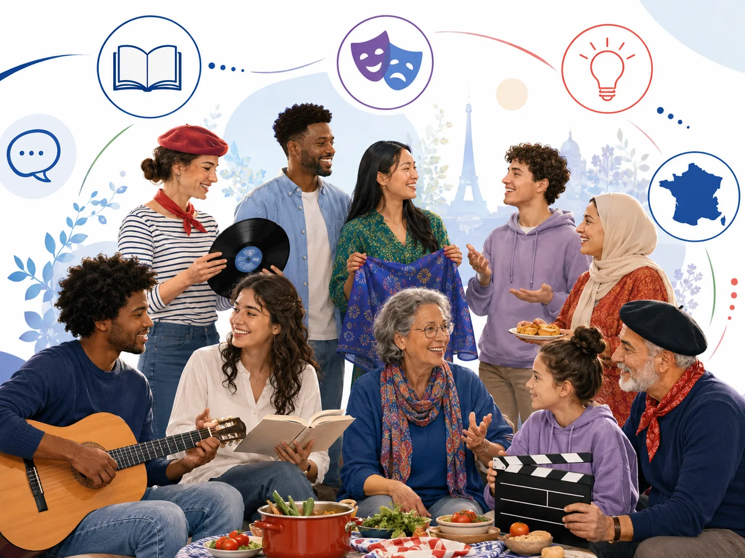 Personnes partageant livres, musique, théâtre, cinéma et traditions.