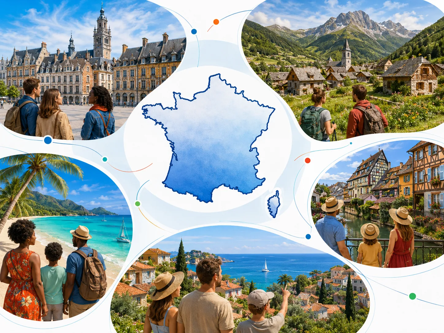 Carte de France entourée de scènes culturelles régionales.