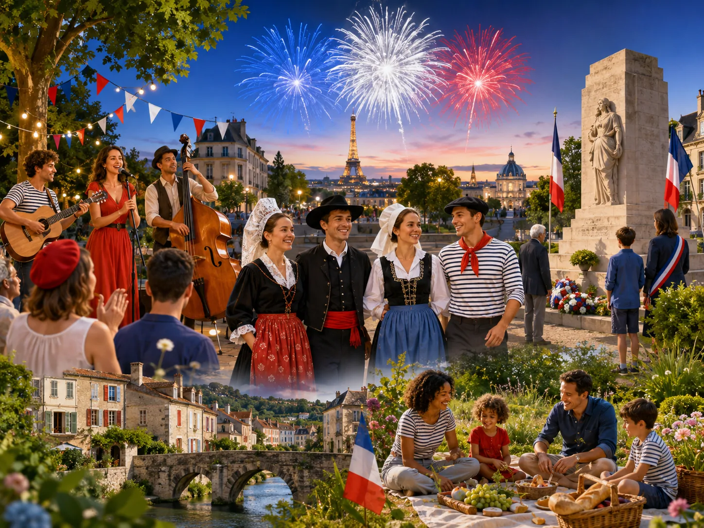 Fêtes françaises avec feu d’artifice, musique et traditions régionales.