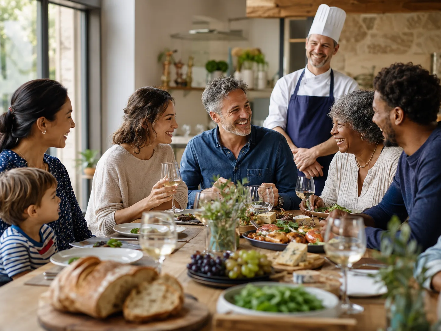 Repas convivial avec produits et spécialités françaises.