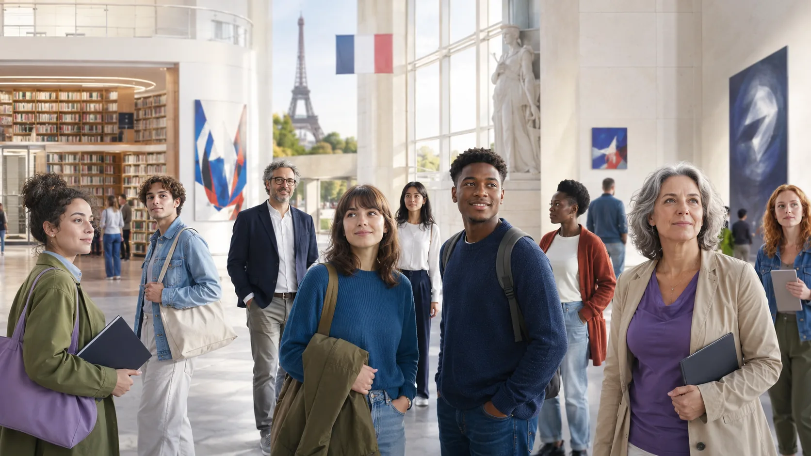 Citoyens dans un espace culturel français avec livres, musée et monument.