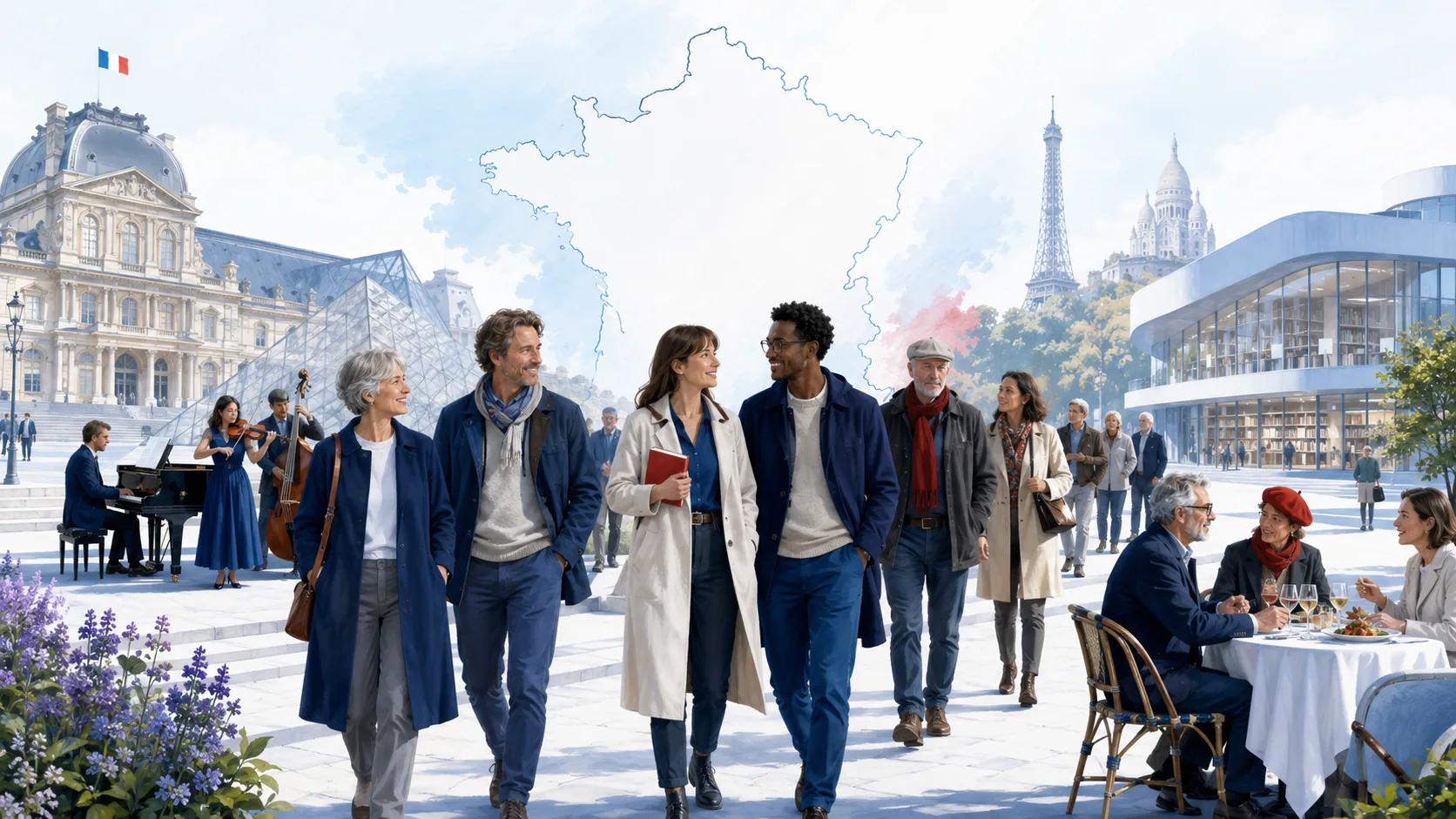 Citoyens devant des symboles culturels français et une carte de France.