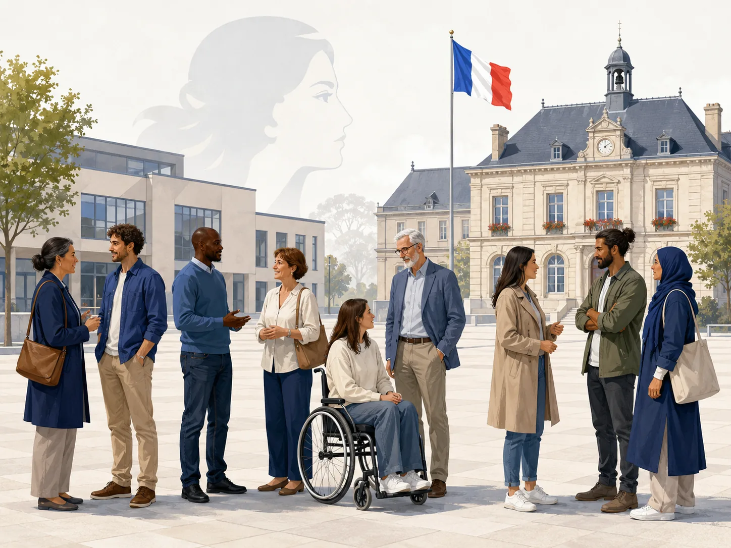 Citoyens de convictions différentes devant une mairie.