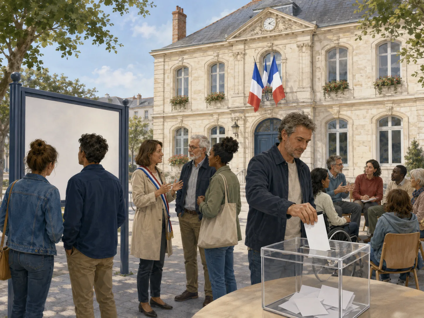 Citoyens participant à la vie démocratique devant une mairie.