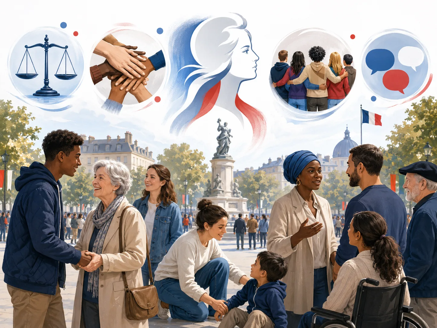 Citoyens échangeant avec respect dans un espace public.